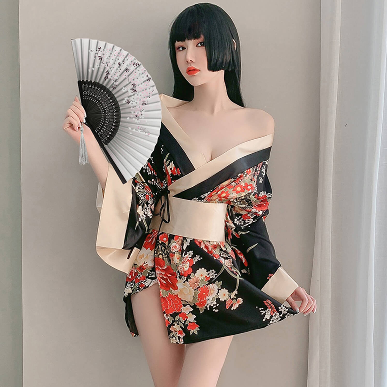 2 Colors Women's Traditional Japanese Yukata Kimono Flower Print Short Kimono Cosplay Costume