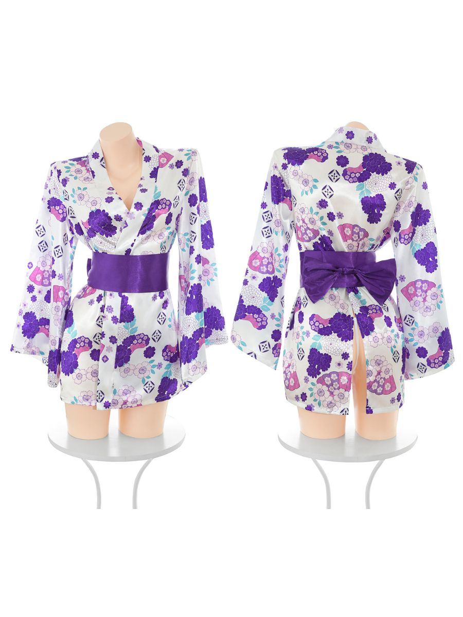 Purple Floral Print Kimono Dress