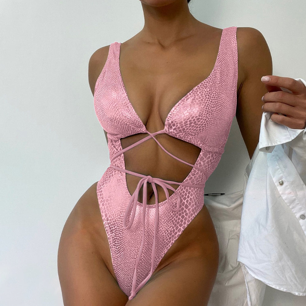 Allover Snake Swimsuit Deep V Neck Hollow Bodice One Piece Monokini