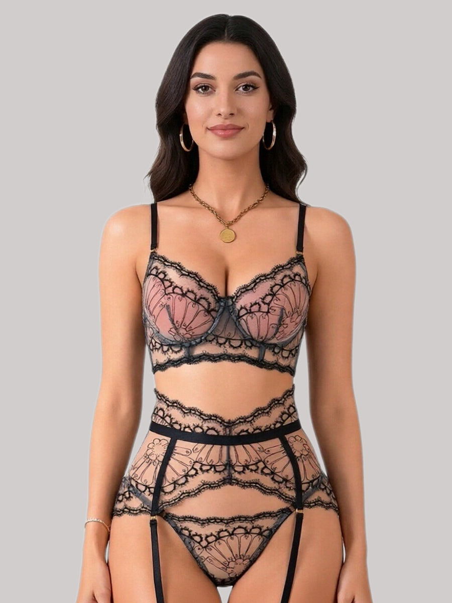 Honey Embroidery Garter Lingerie Set