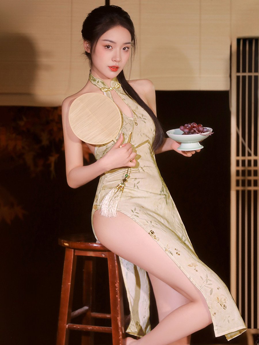 Yellow Floral High Slit Cheongsam