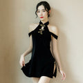 Yomorio Sexy Chinese Mini Dress Black Cold Shoulder Side Slit Dress