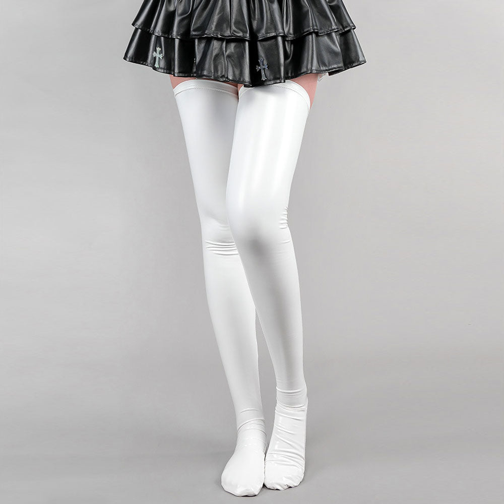 Cute Latex Thigh High Stocking 2 Color Shiny Faux Leather Cat Paw Thigh High Socks