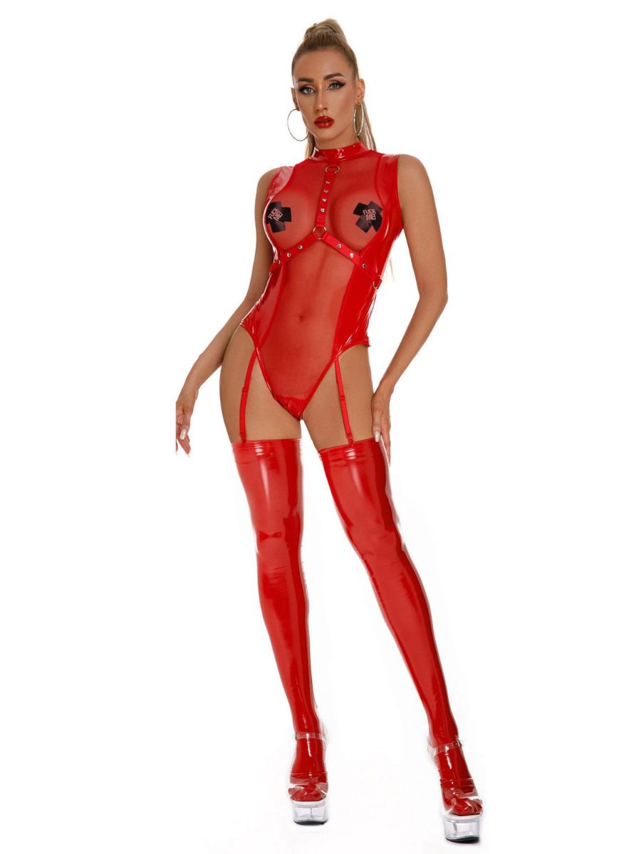 Faux Leather & Mesh Patchwork Bodysuit