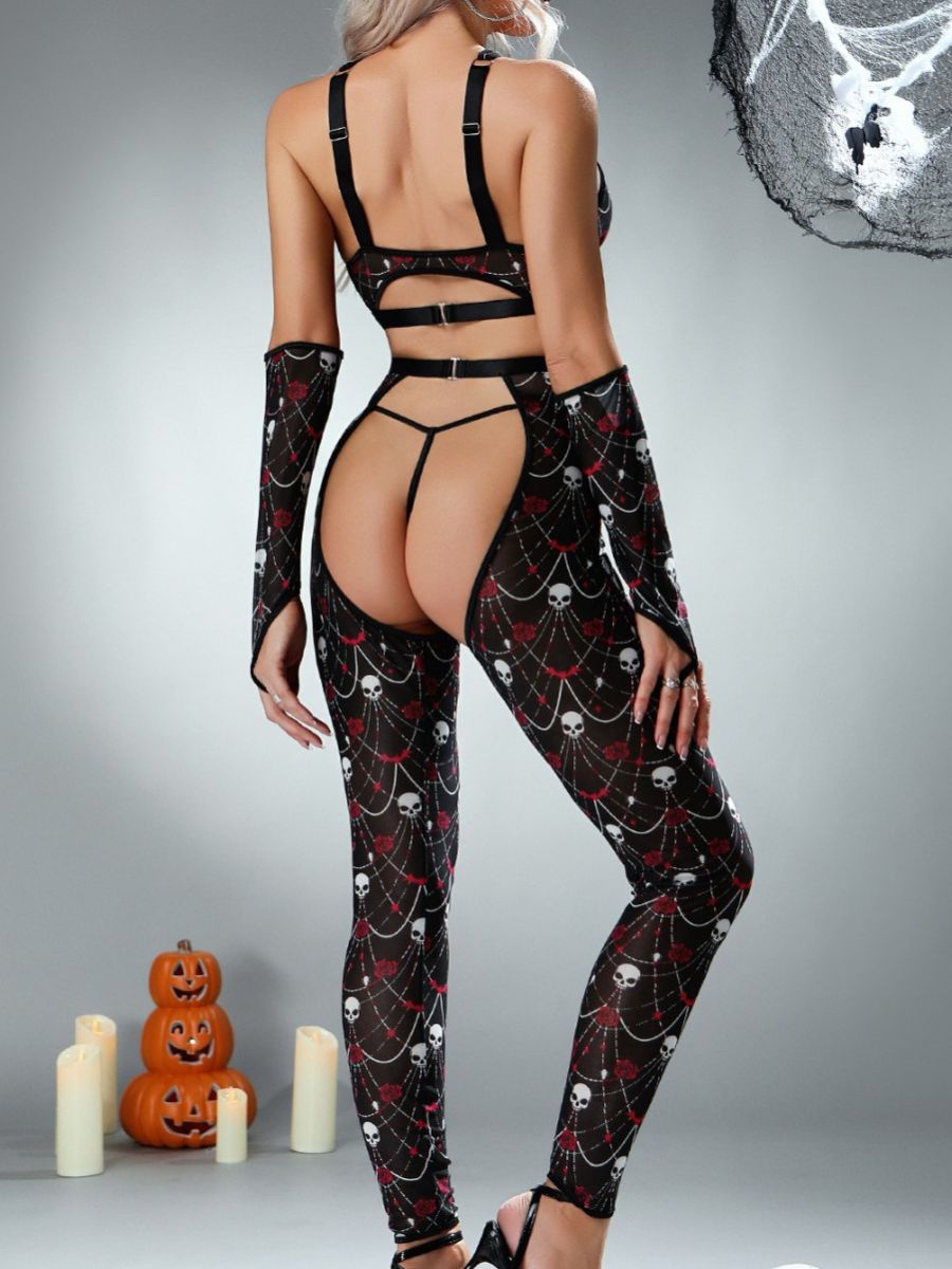 Gothic Skull Print Crotchless Workout Set