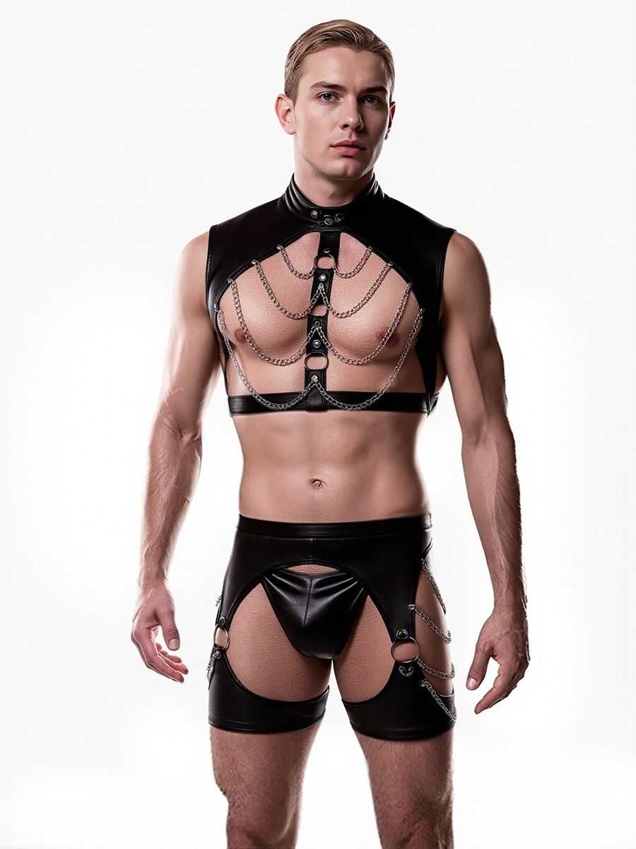 Men’s Faux Leather Chains Clubwear Set