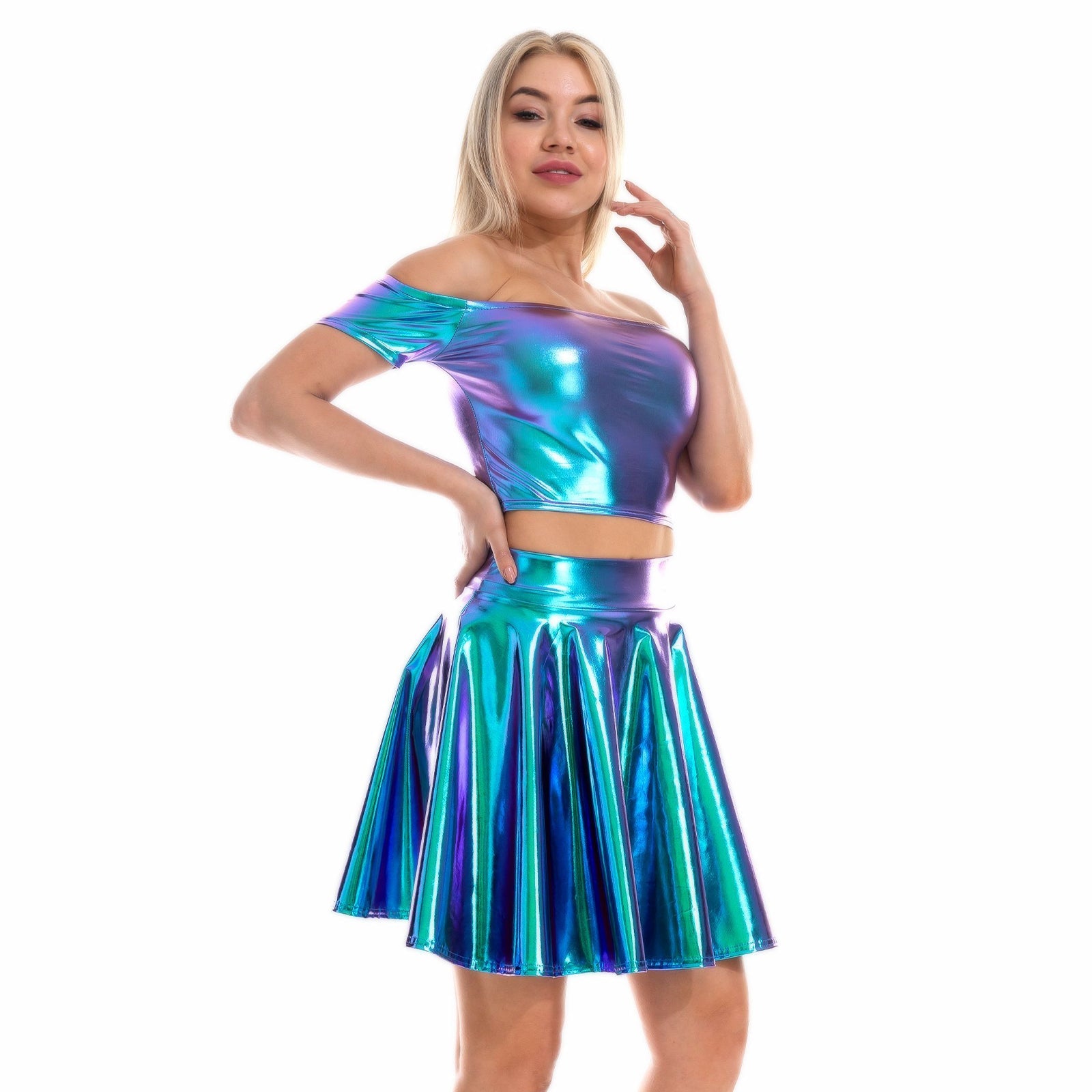Sexy Metallic Skirt Set Girly Holographic Rave Outfits Two Piece Off Shoulder Crop Top and Mini Skirt