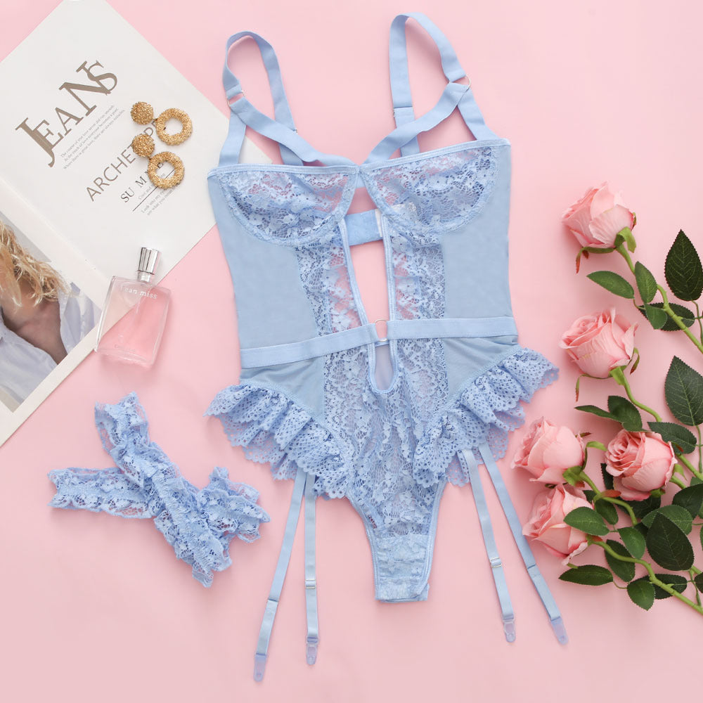 Women Lace Garter Teddy Hollow Out Demi Bra Bodysuit