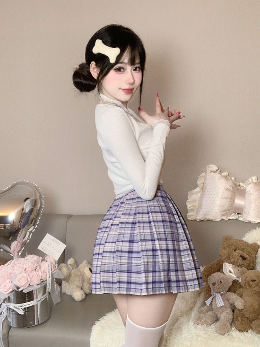 Three-Piece Knit Top and Plaid Pleated Skirt