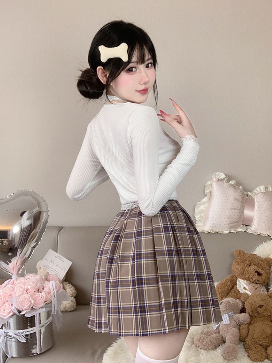 Three-Piece Knit Top and Plaid Pleated Skirt
