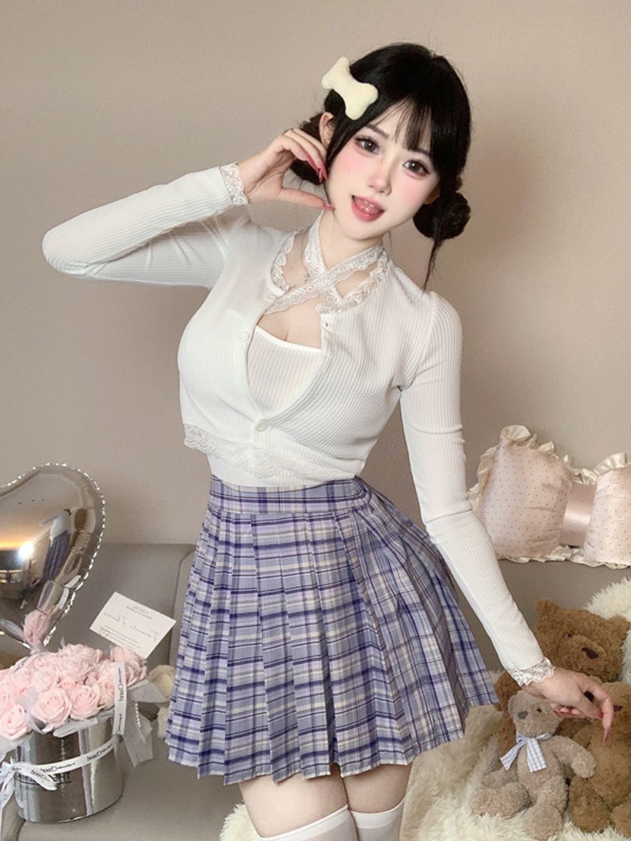 Three-Piece Knit Top and Plaid Pleated Skirt