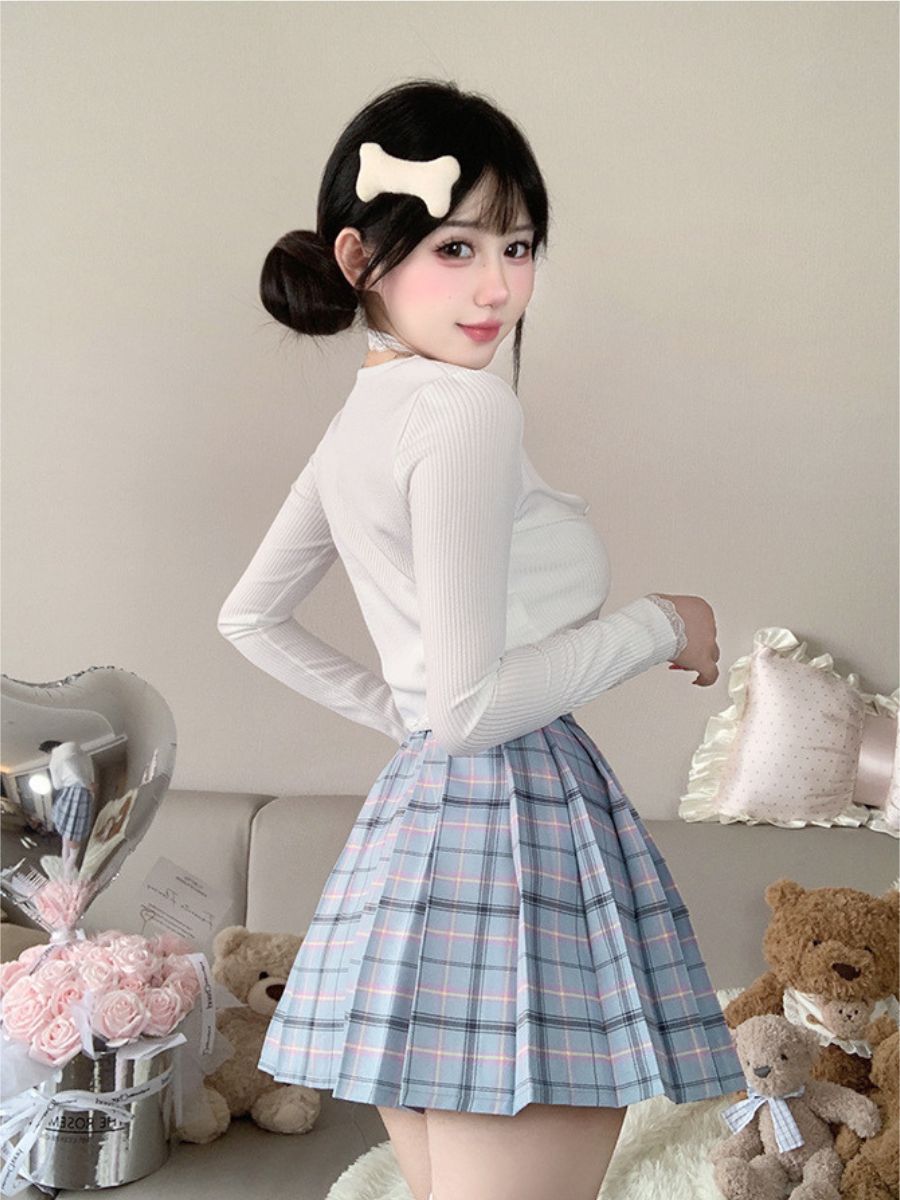 Three-Piece Knit Top and Plaid Pleated Skirt