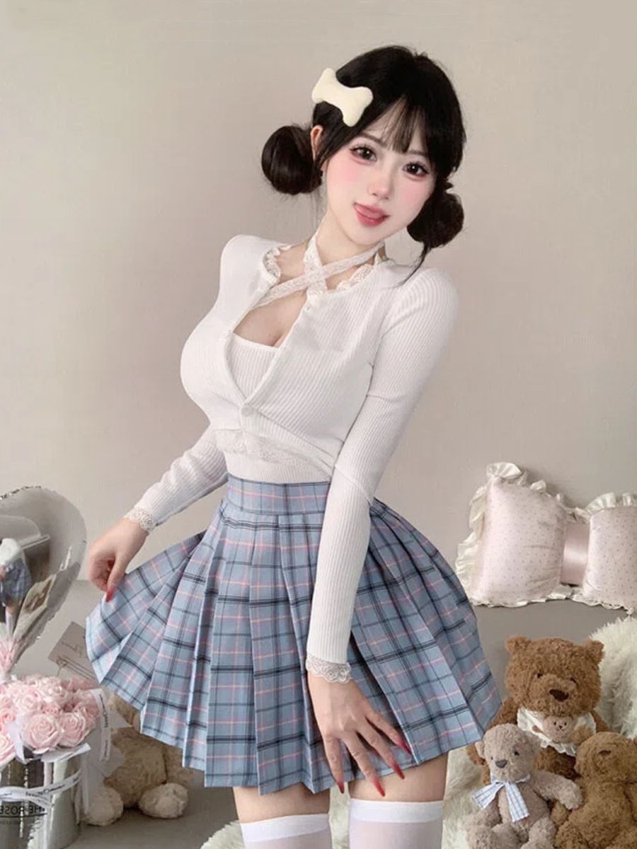 Three-Piece Knit Top and Plaid Pleated Skirt