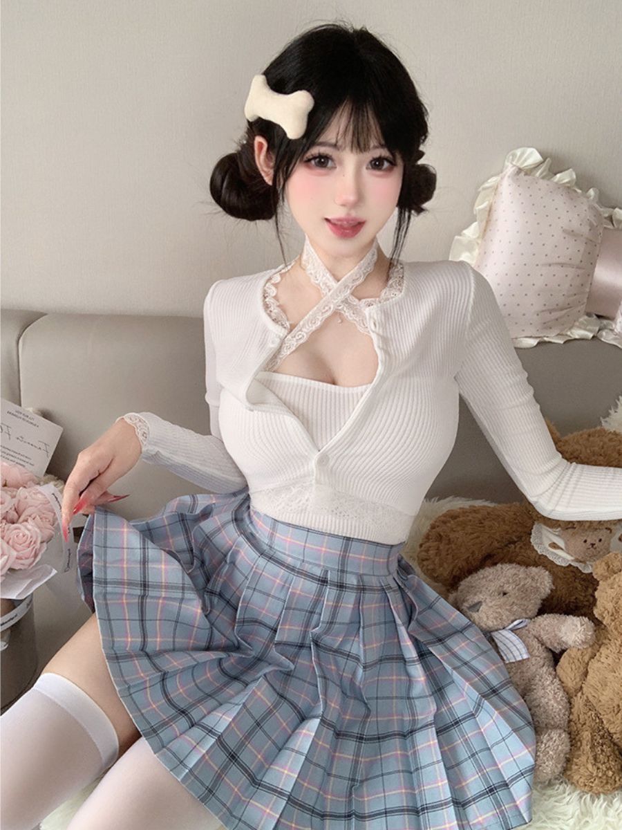 Three-Piece Knit Top and Plaid Pleated Skirt