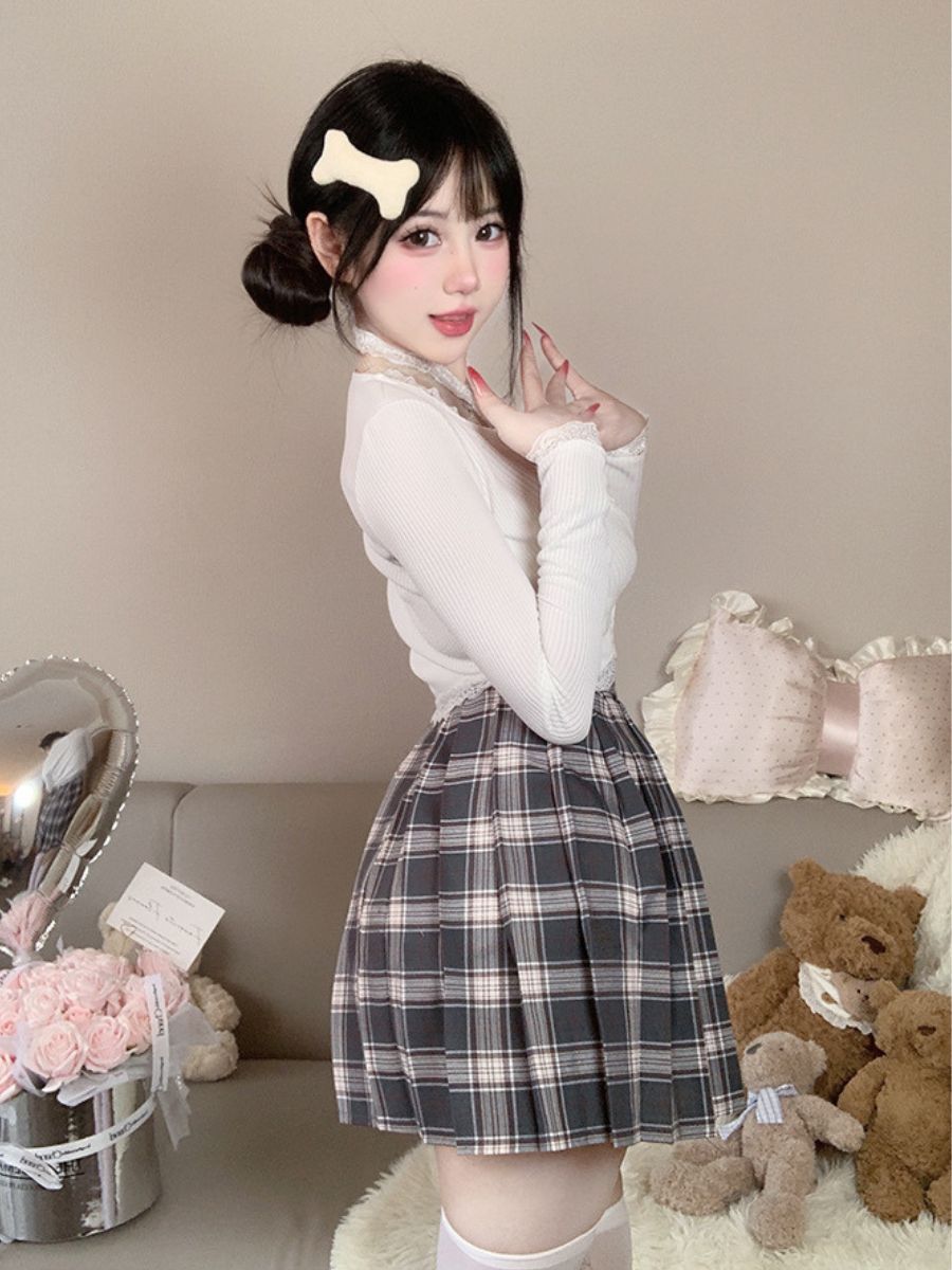 Three-Piece Knit Top and Plaid Pleated Skirt