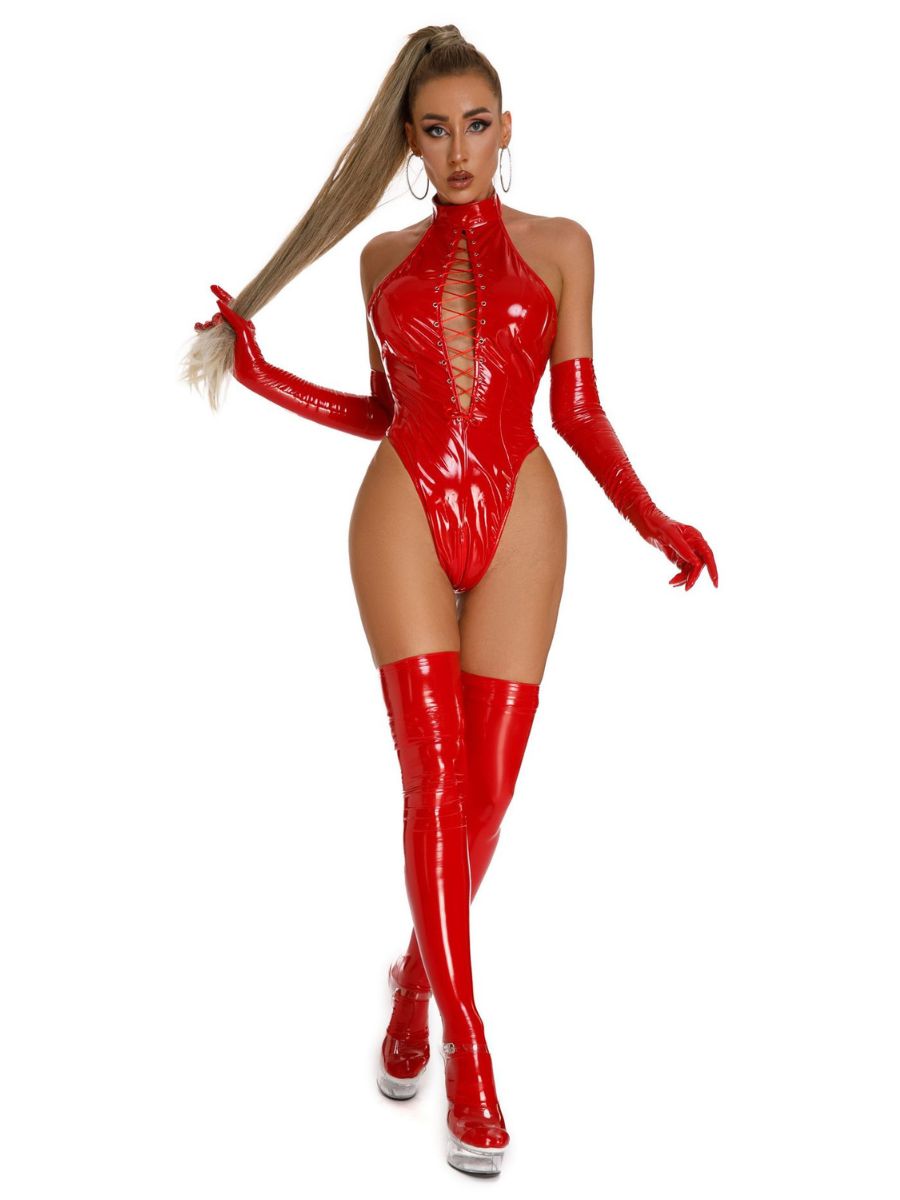 PU Leather High Cut Lace Up Bodysuit