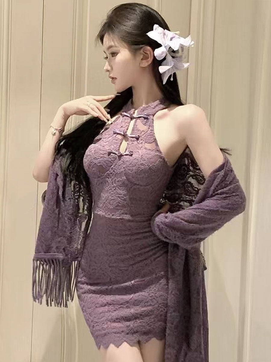 Purple Lace Cheongsam Dress w/ Shawl