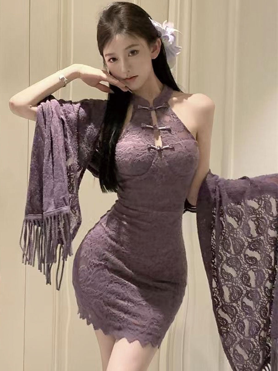 Purple Lace Cheongsam Dress w/ Shawl