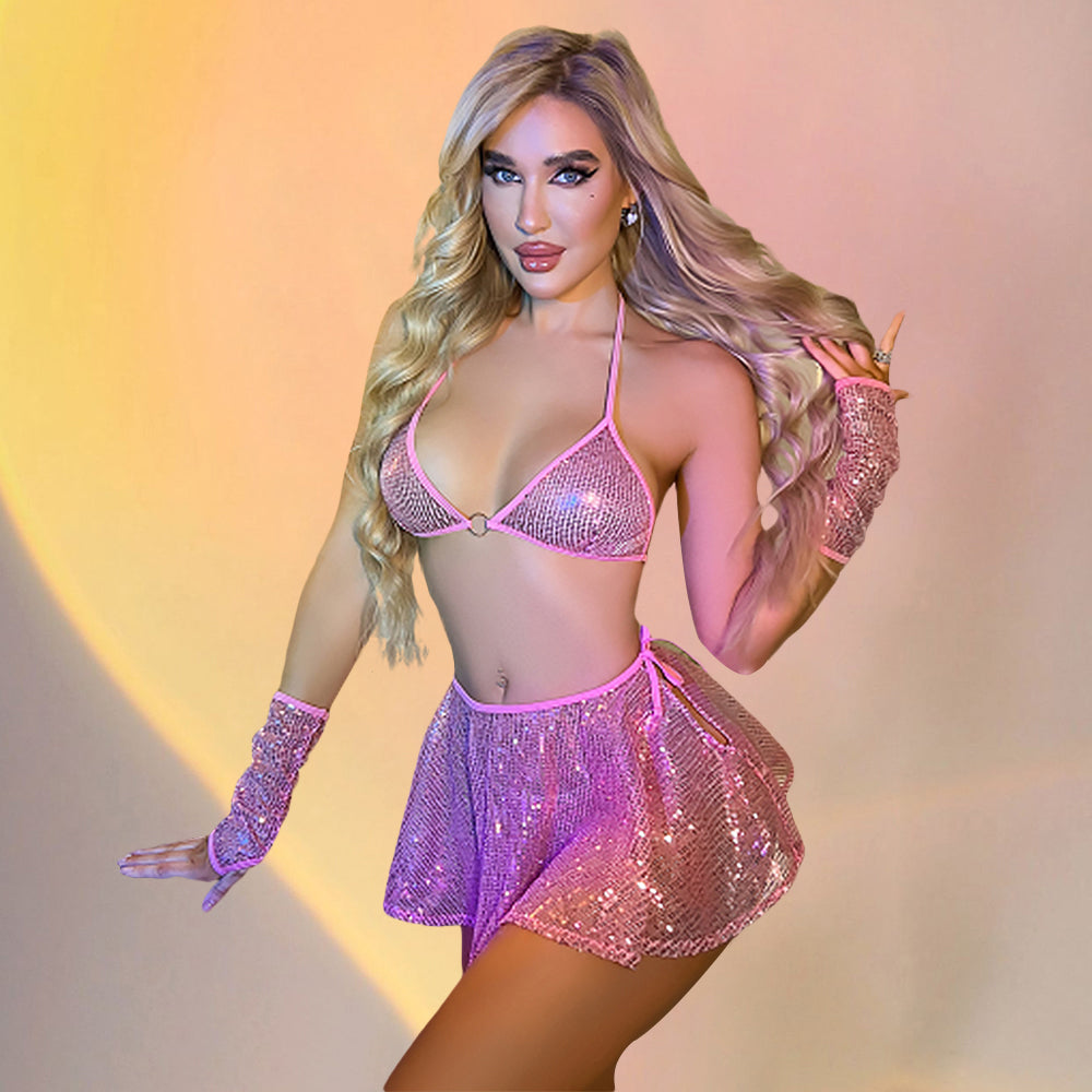 Yomorio Sequin Skirt Sets Sexy Striper Outfits Glitter Halter Triangle Bra and Thong Set