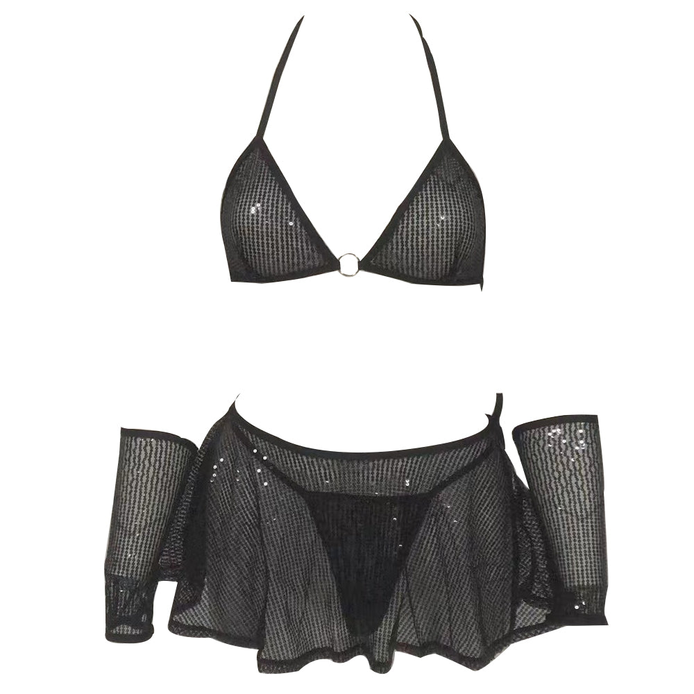 Yomorio Sequin Skirt Sets Sexy Striper Outfits Glitter Halter Triangle Bra and Thong Set