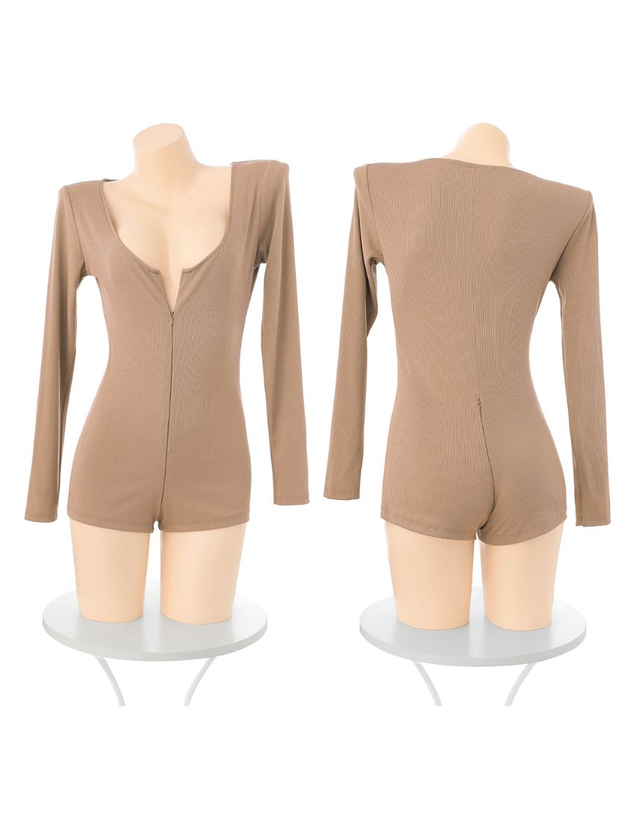 Ribbed Long Sleeve Zip-Front Romper