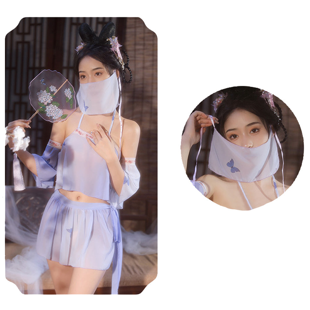 Sexy Chinese Elf Costume Purple Vintage Chiffon Halter Crop Top Slit Skirt and Panty