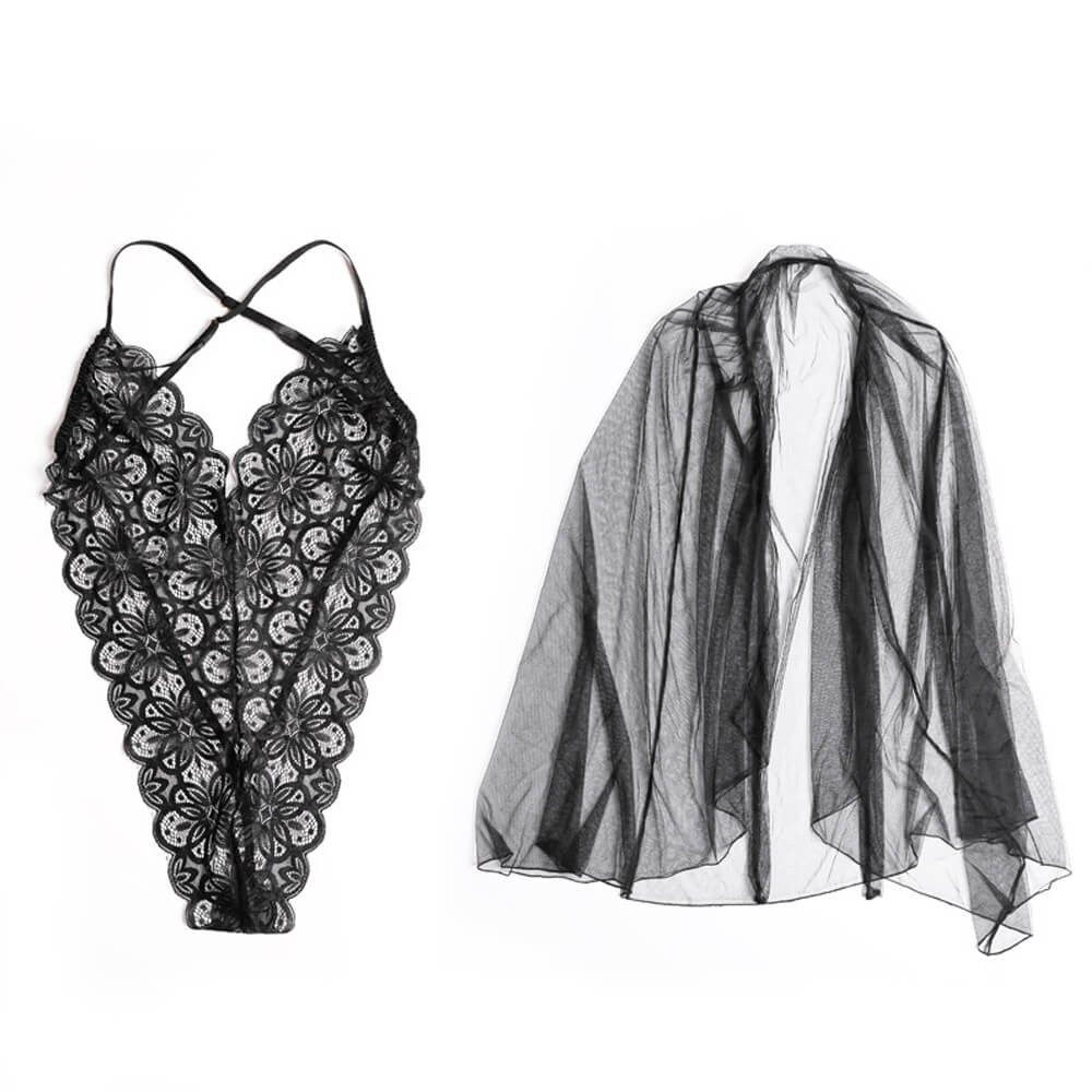 Sexy See Through Long Lingerie Dress Backless Bodysuit with Sheer Skirt Deep V-neck Lace Maxi Dress