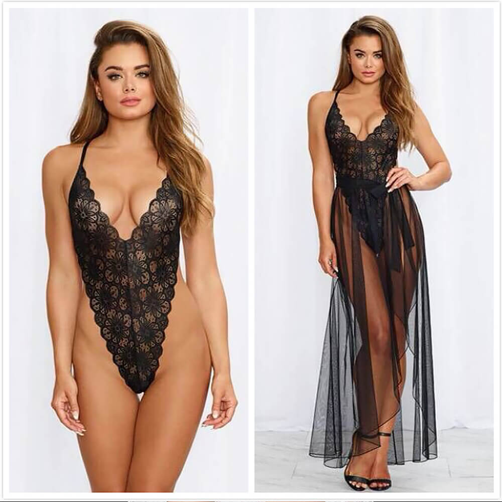 Sexy See Through Long Lingerie Dress Backless Bodysuit with Sheer Skirt Deep V-neck Lace Maxi Dress
