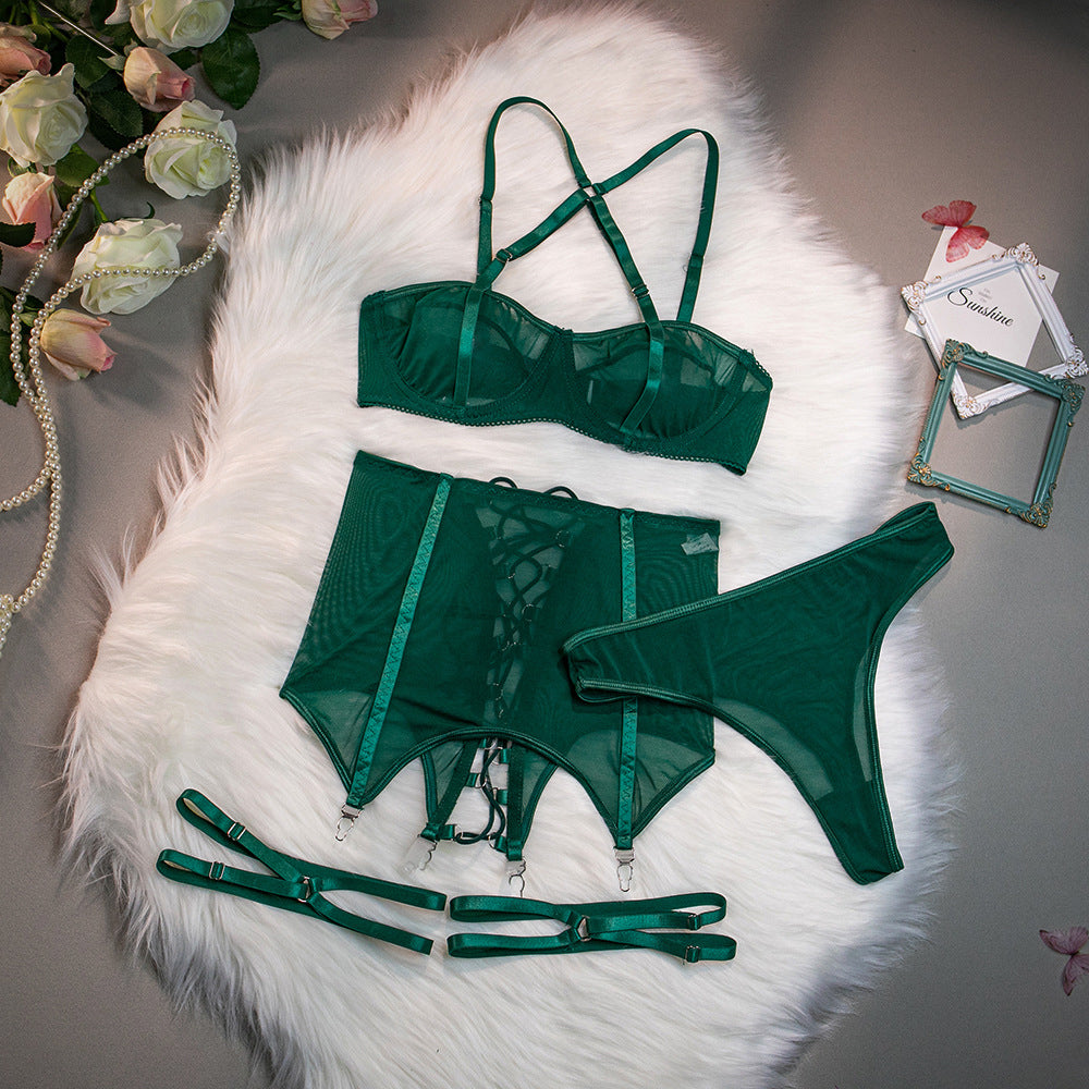 Sheer Mesh Garter Bar Set Criss Cross Strappy Garter Belt Bra and Panty
