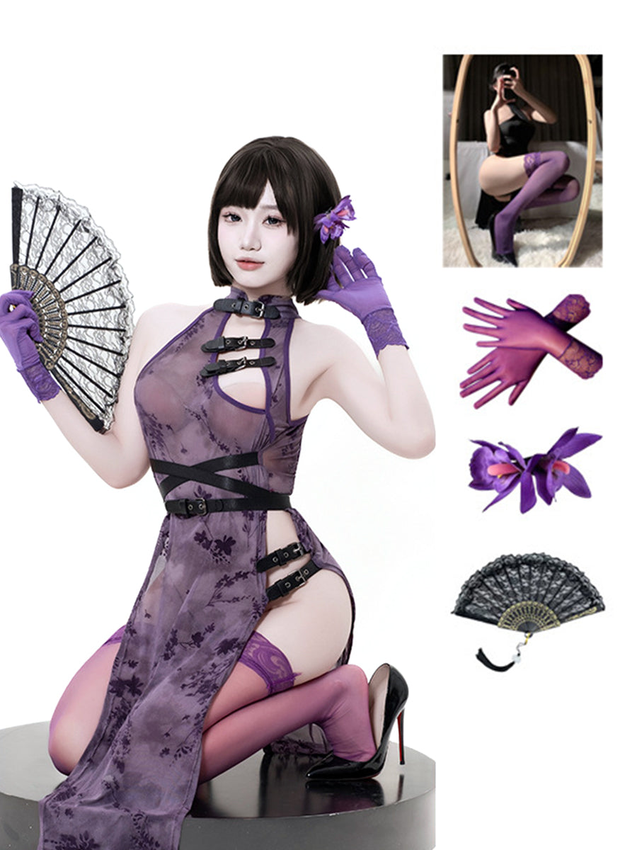 Sheer Mesh High Slit Cheongsam Set