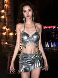 3 Piece Silver Metallic Skirt Set