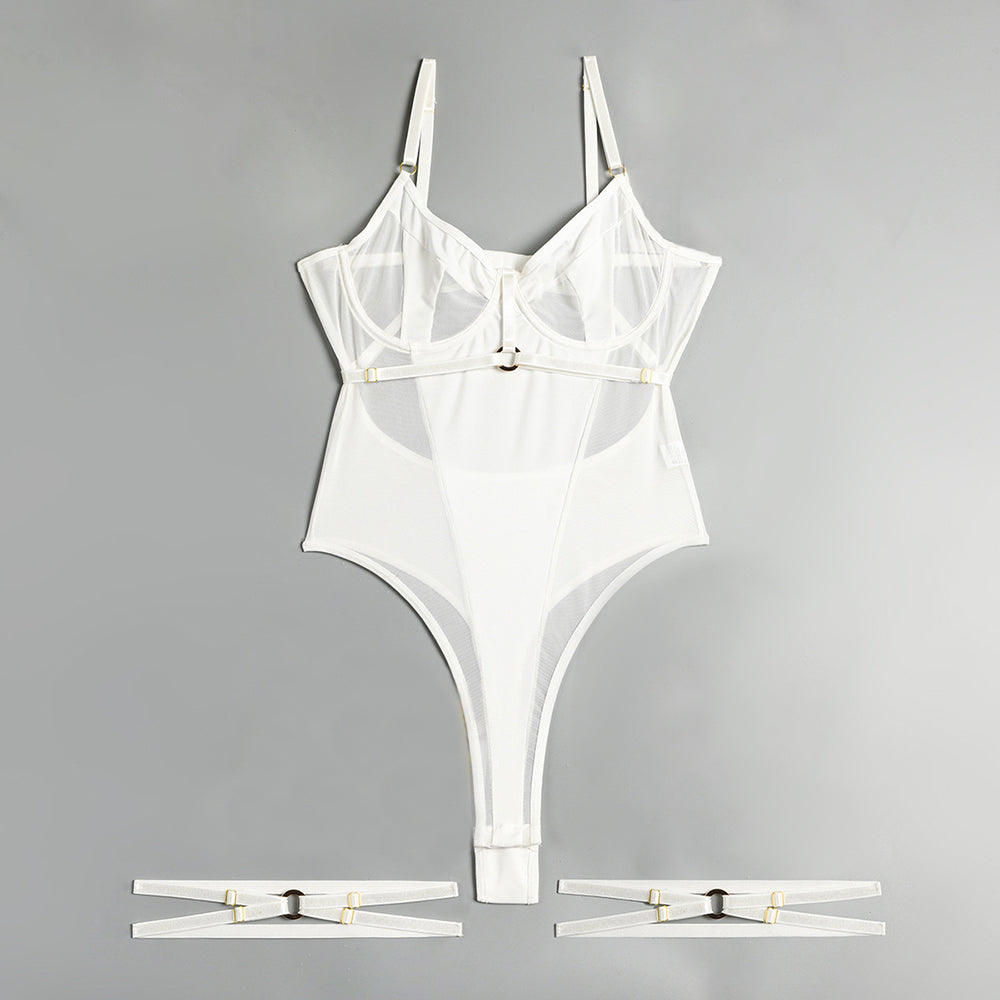 Strappy & Mesh Leotard Solid Sexy Backless Bodysuit with Leg Garters
