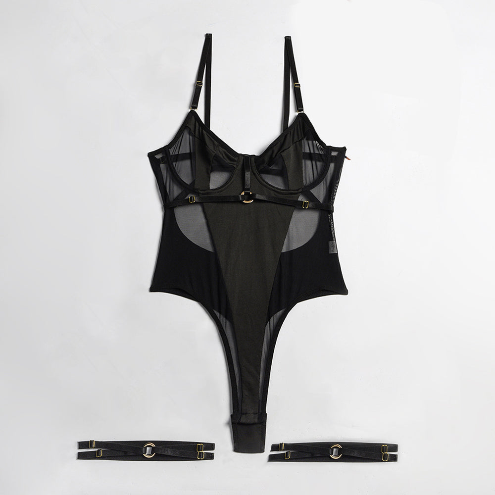 Strappy & Mesh Leotard Solid Sexy Backless Bodysuit with Leg Garters