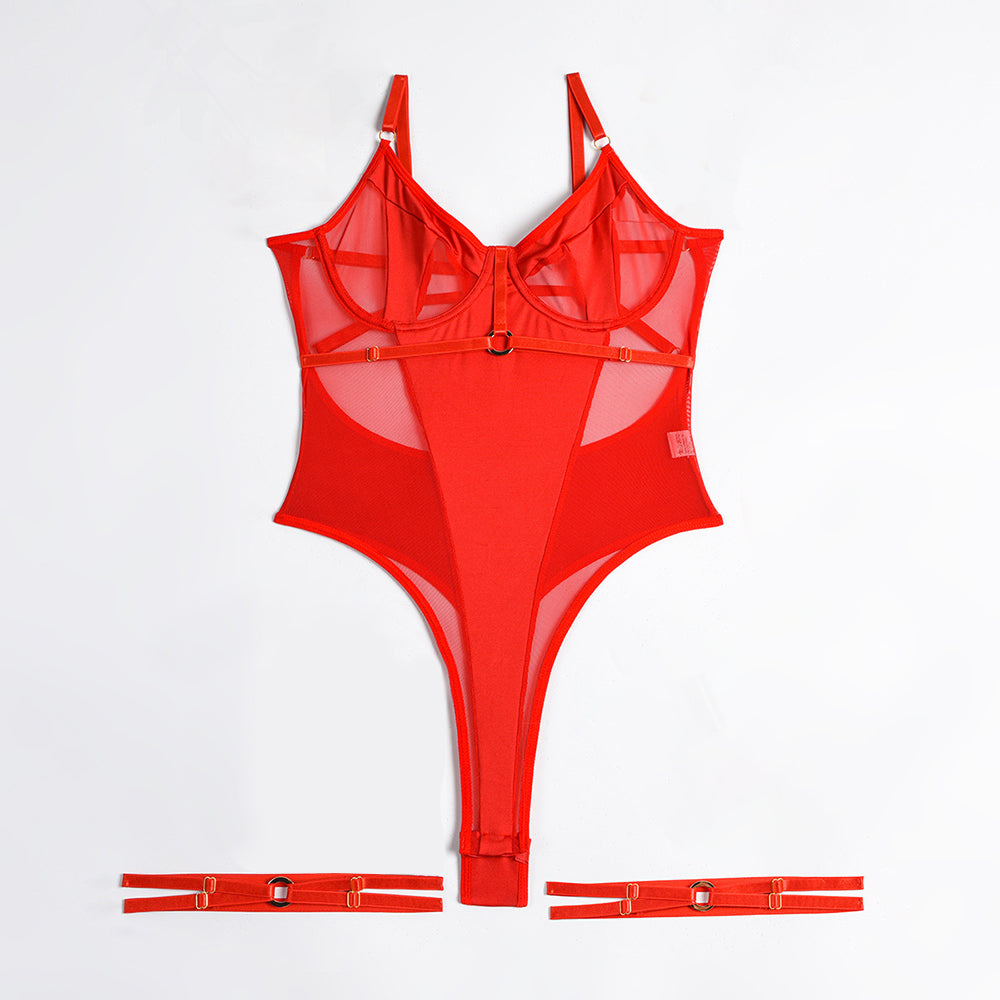 Strappy & Mesh Leotard Solid Sexy Backless Bodysuit with Leg Garters