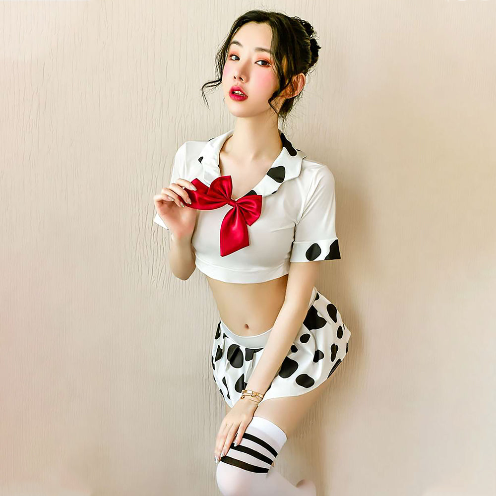 Sexy Adult Cow Costume Sweet Cow Print Schoolgirl Lingerie Japanese Lolita Anime Outfit