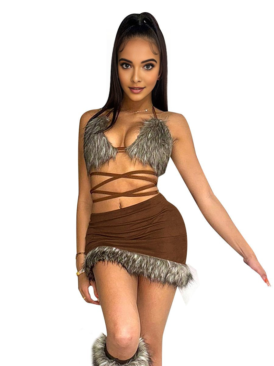 Two Piece Furry Bra Top and Skirt