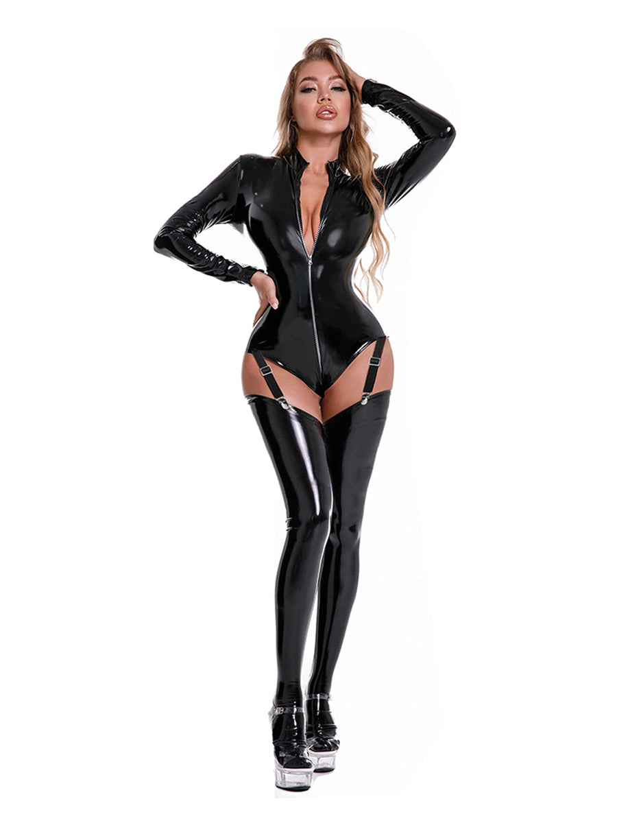 Wet Look Garter Bodysuit with Stocking