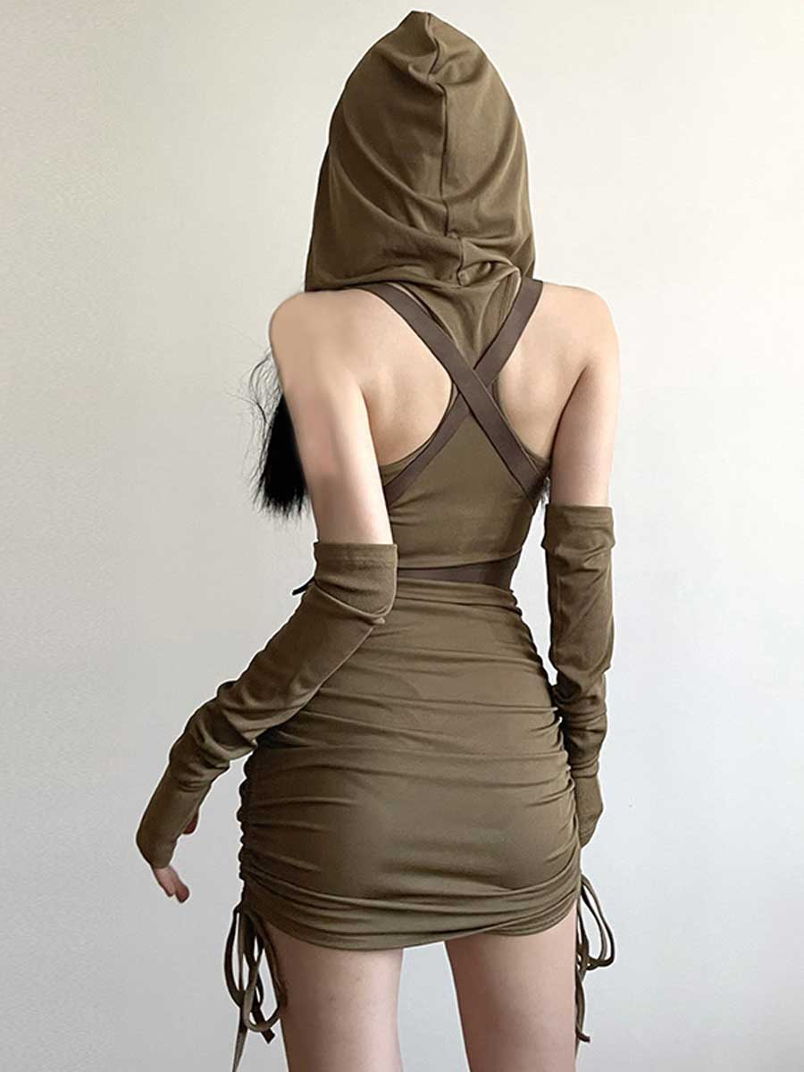 Drawstring Hooded Mini Dress with Arm Sleeves