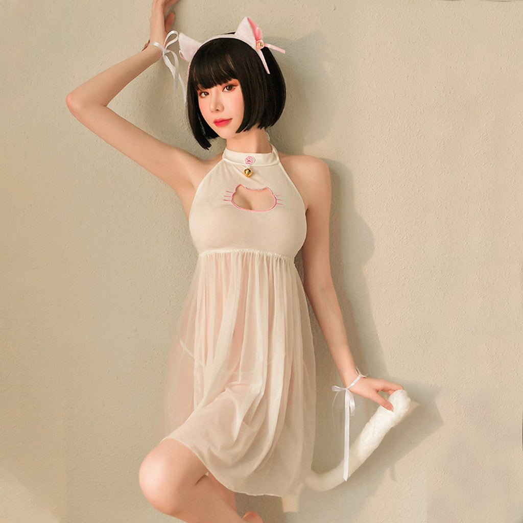 Yomorio Cat Lingerie Set Japanese Animal Cosplay Costume Sheer Mesh Badydoll Dress