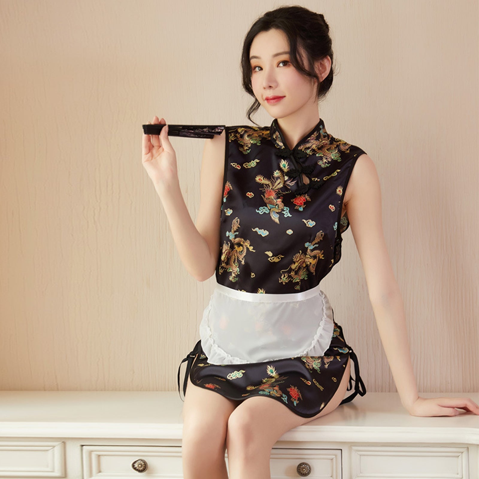 Sexy Maid Costume Exotic Maid Dress Chinese Split Dress with Maid Apron