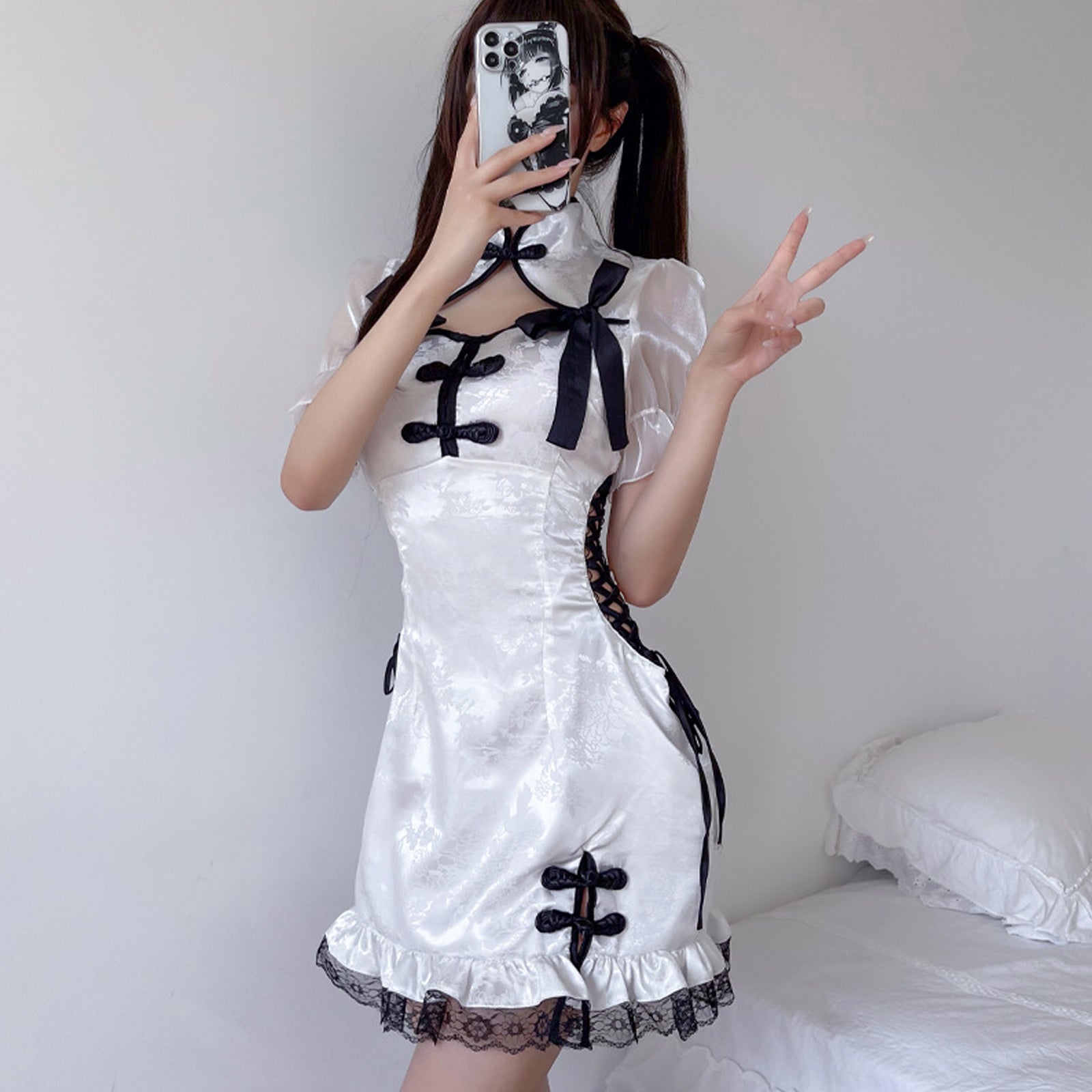Yomorio Chinese Cheongsam Babydoll Dress Side Lace-Up White Qipao Dress