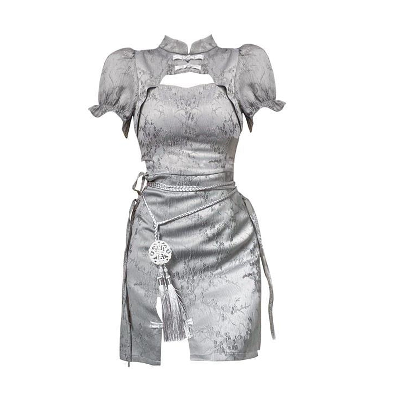Yomorio Grey Chinese Dresses Cut Out Short Sleeve Slim Fit Cheongsam Dress