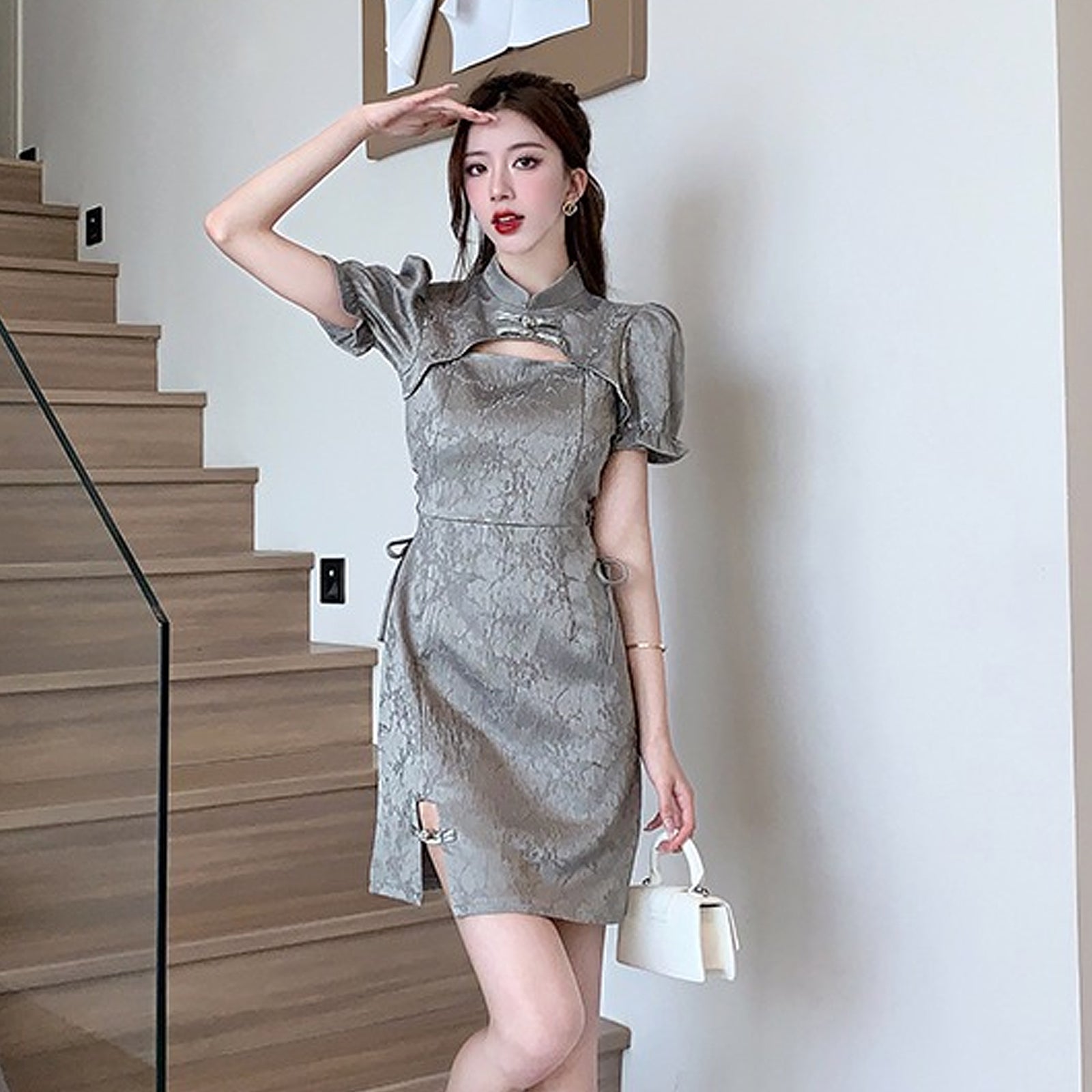 Yomorio Grey Chinese Dresses Cut Out Short Sleeve Slim Fit Cheongsam Dress