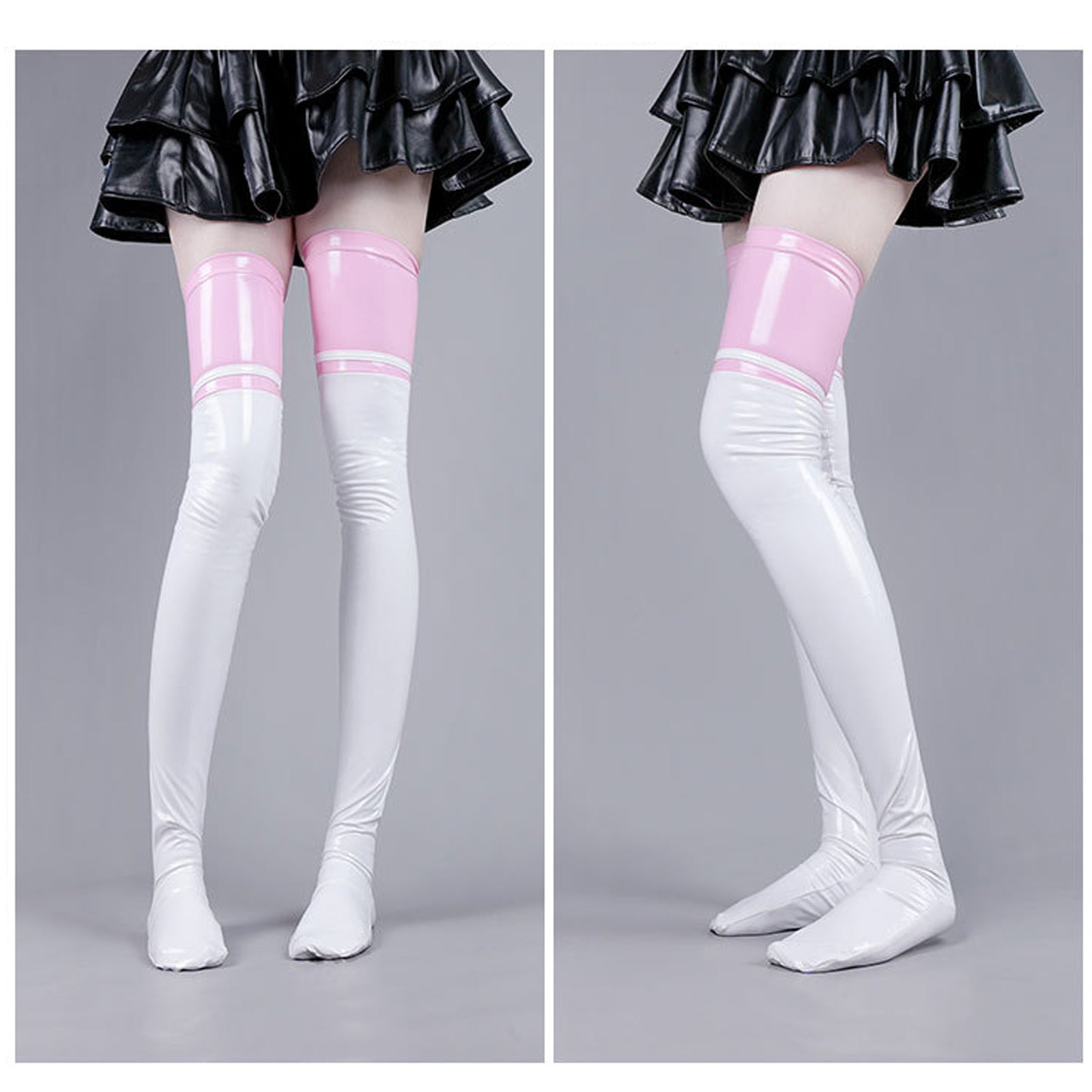 Yomorio Latex Thigh High Stocking Color Block Faux Leather Thigh High Socks for Women