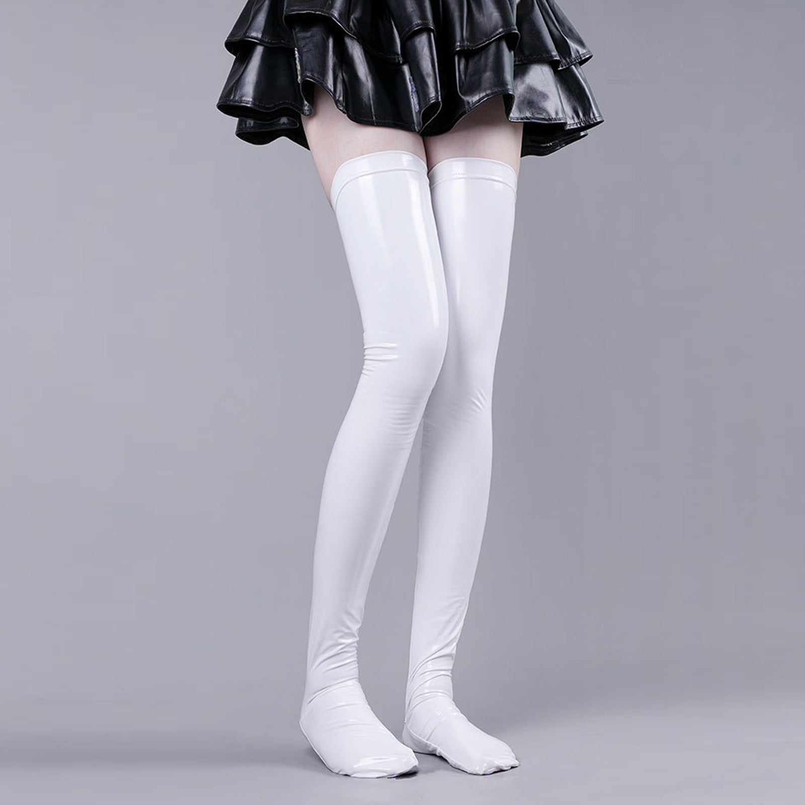 Yomorio Latex Thigh High Stocking Color Block Faux Leather Thigh High Socks for Women