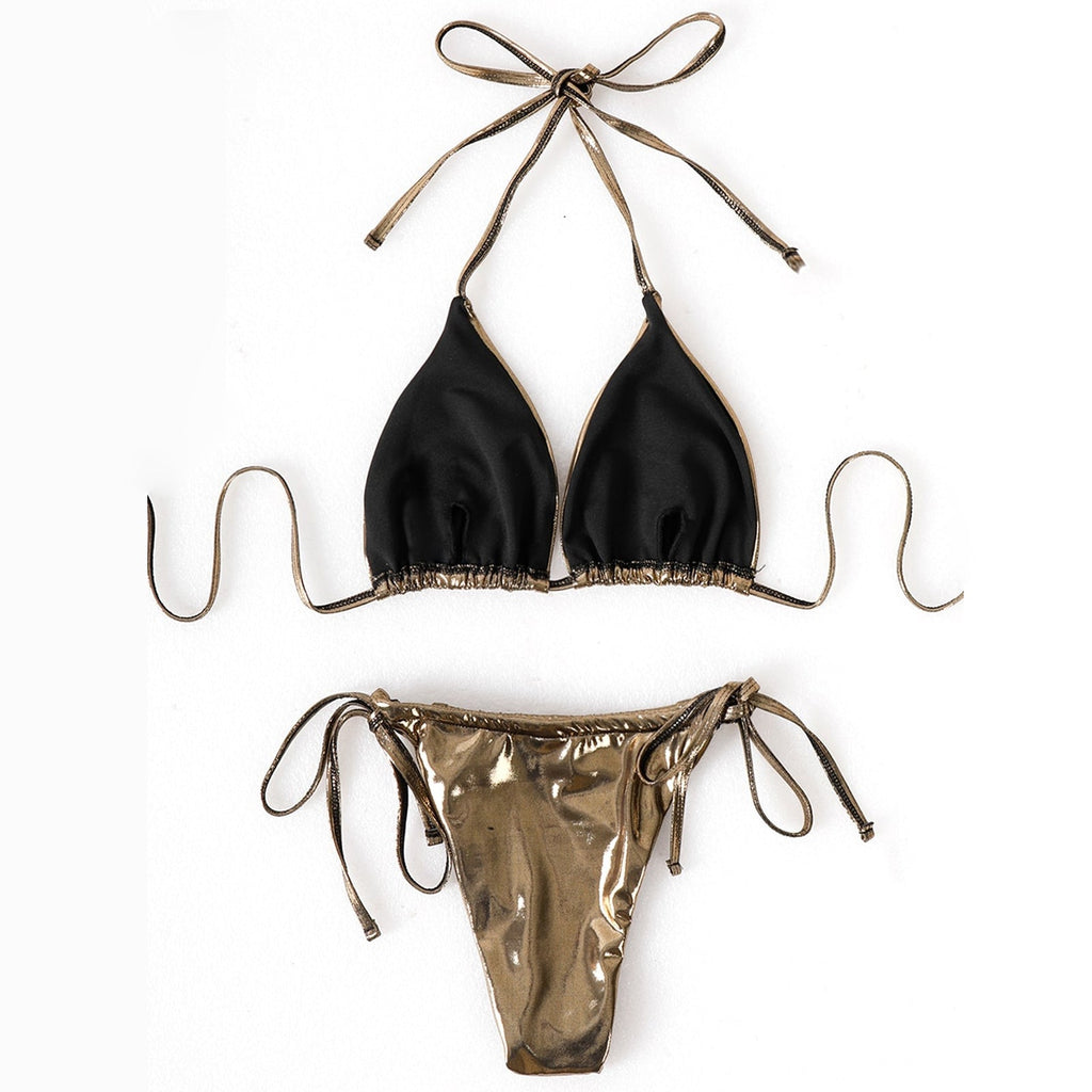 Yomorio Metallic Bikini with Cover-Up Skirt 3 Piece String Bikini Set Tie Side Swimsuit for Women