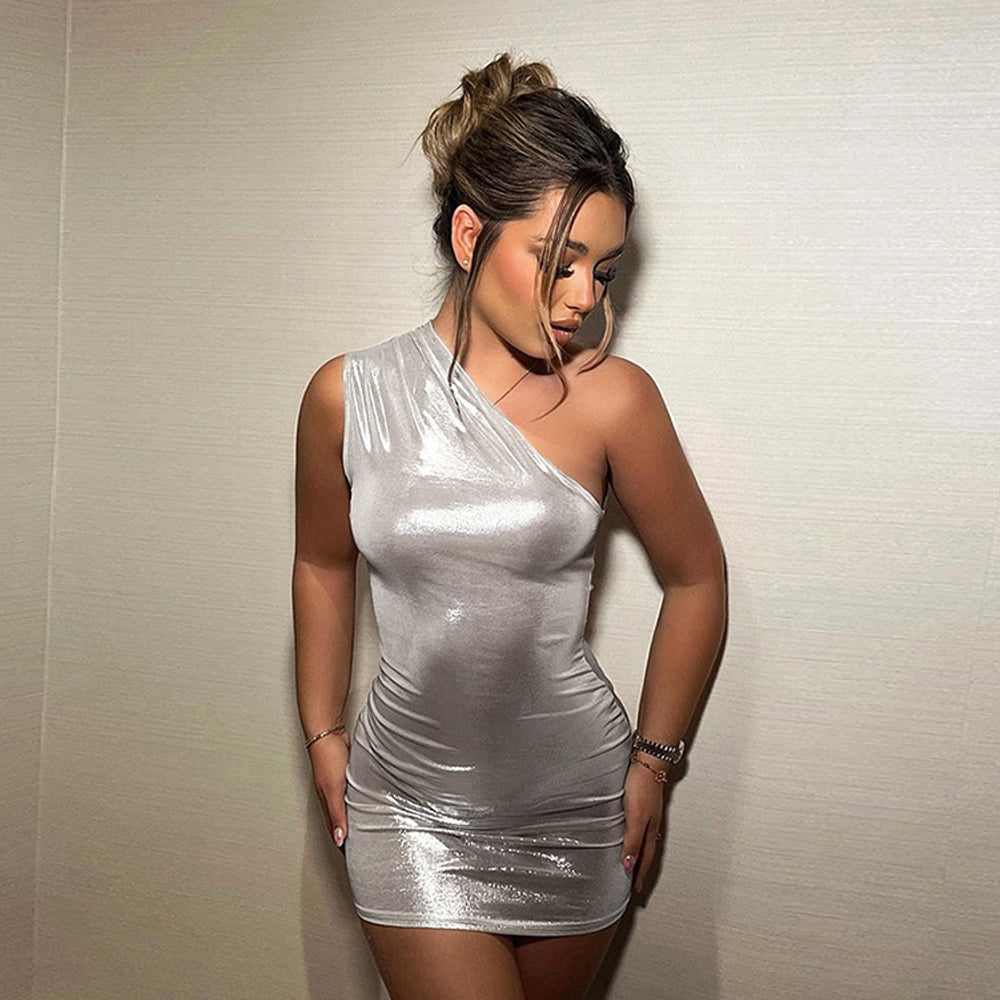 Yomorio Metallic Mini Dress One Shoulder Sleeveless Bodycon Dress Shiny Cocktail Party Dress