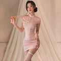 Yomorio Pink Jacquard Cheongsam Babydoll Dress Side Lace-Up Chinese Qipao Dress