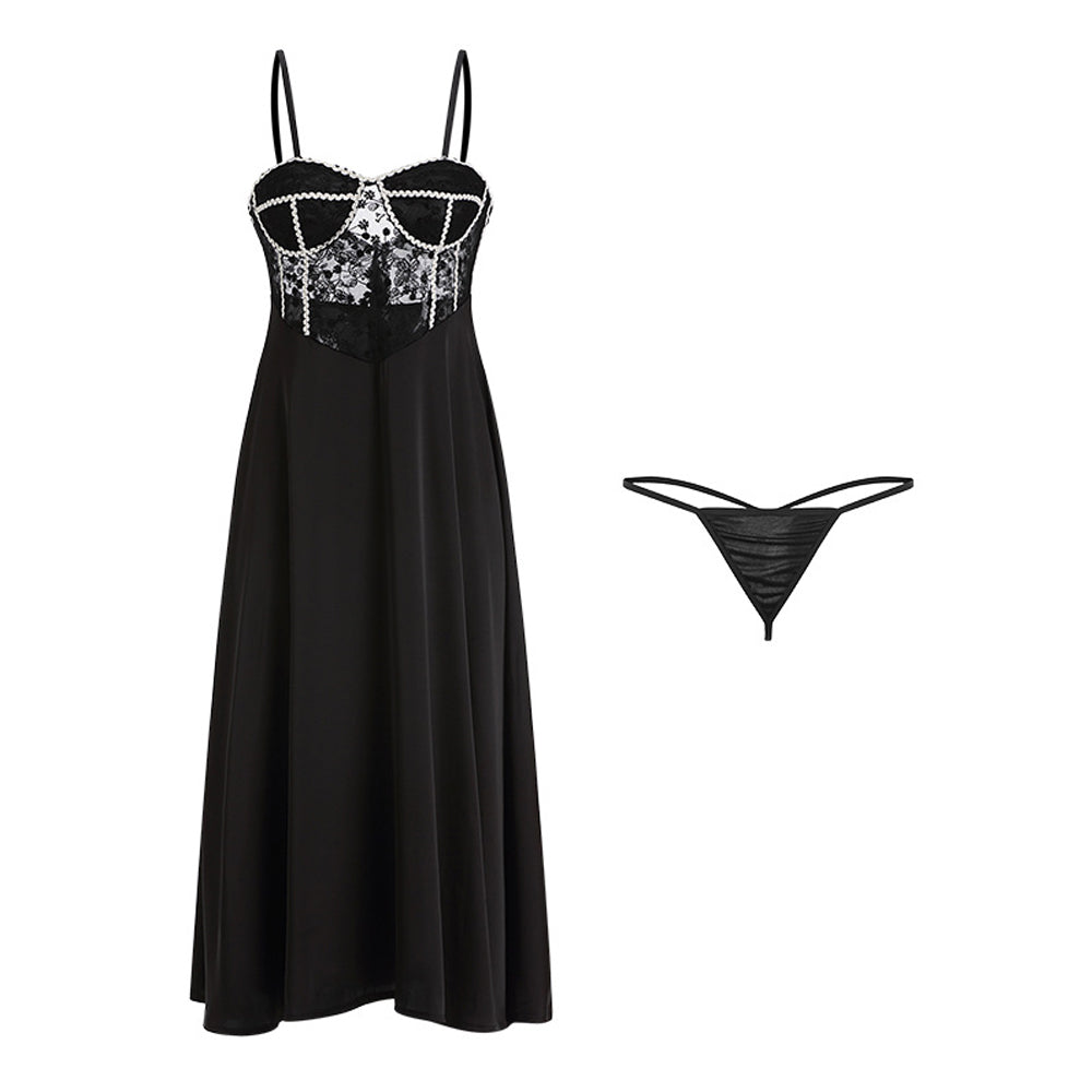 Yomorio Satin Babydoll Dress Padded Cup Lace Nightgown for Women Sexy Negligee Midi Dress