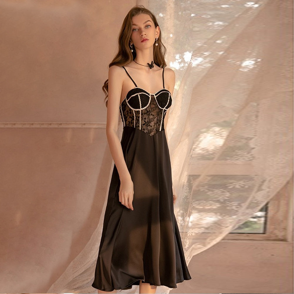 Yomorio Satin Babydoll Dress Padded Cup Lace Nightgown for Women Sexy Negligee Midi Dress